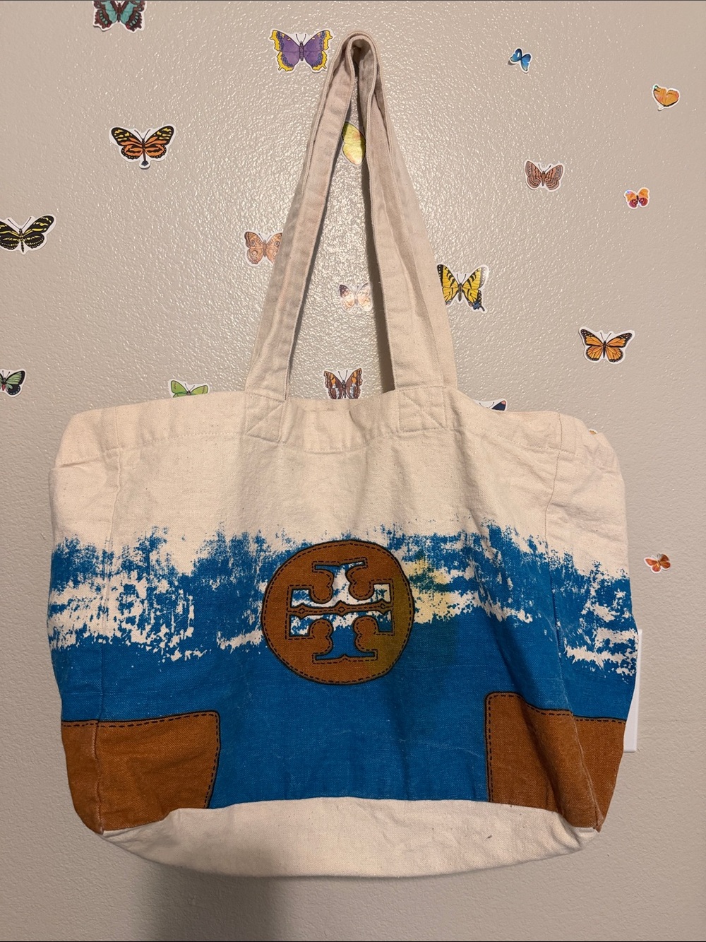 Tory Burch Cream Canvas Tote with Blue Dip-Dye and Tan Leather Trim